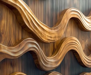 Poster - Abstract wood wall design with smooth, flowing wavy shapes in a polished, natural wood texture creating a dynamic and contemporary look.