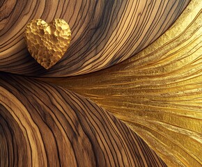 Poster - A textured gold heart set on a richly grained wood surface with flowing patterns and shimmering gold accents combines natural warmth