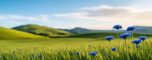 Poster - Blue wildflower idea. Vibrant meadow with blue flowers and rolling green hills under a bright sky.