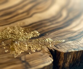 Poster - Close up of diffused gold glitter on polished wood surface with rich natural grain combining rustic texture with luxury.
