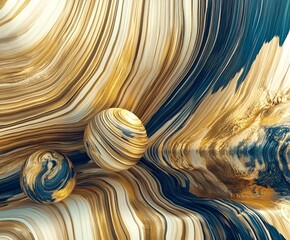Poster - An abstract composition with swirling gold and blue fluid textures, featuring two marble spherical forms that evoke a sense of cosmic elegance and dynamism.