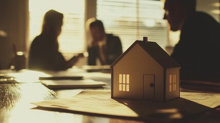 Aufkleber - In a sunlit office, professionals engage in a discussion about real estate trends. A wooden house model sits prominent on the table, symbolizing the focus of their conversation and market insights.