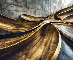 Poster - abstract wood and gold wave structure against textured concrete wall, showcasing modern architectura