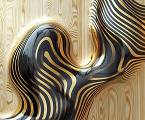 Poster - abstract wavy black and gold lines flow seamlessly onto a textured light wood background, creating a