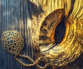 Poster - A close-up of a richly textured wooden surface with natural splits and intricate gold filigree decoration. The composition highlights the contrast between the organic patterns of the wood and the deli