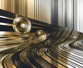 Poster - An abstract gold and black composition with reflective spheres and flowing striped patterns, creating a harmonious combination of modern design, dynamic depth and luxurious elegance with intricate det