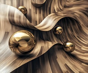 Poster - Golden metal spheres rest on dynamically flowing, wavy wooden textures, creating a surreal and artistic contrast between reflective surfaces and organic,