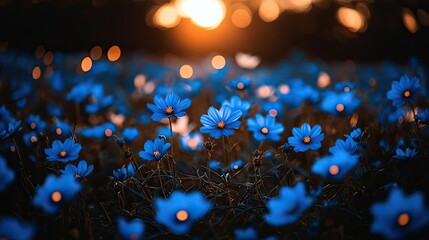 Poster - Blue wildflower idea. A vibrant field of blue flowers illuminated by the warm glow of the setting sun.