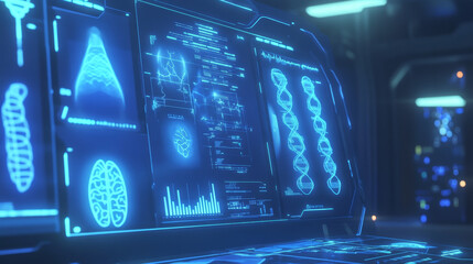 Poster - abstract technology ui futuristic human medical hud interface hologram elements of digital data chart, DNA,Fingerprint,Brain computing circle vitality innovation on hi tech future design background