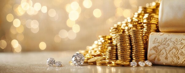 Aufkleber - Wealth gold concept. Glistening gold coins and sparkling diamonds showcase wealth and luxury in a captivating scene.