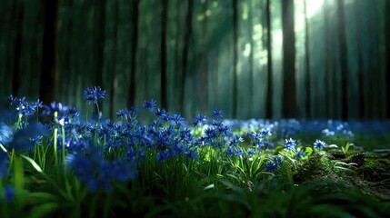 Poster - Blue wildflower idea. A serene forest scene with beautiful blue flowers blooming under soft sunlight.