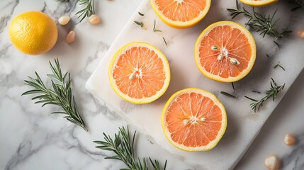 Aufkleber - Sliced grapefruit and rosemary sprigs on marble cutting board