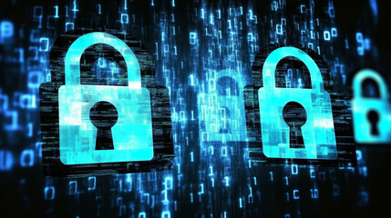Poster - Abstract technology cyber security privacy information network concept padlock protection digital network internet link on hi tech blue future background