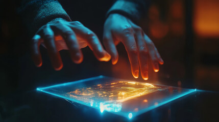 Poster - Abstract Digital Hologram DeFi Decentralized Finance Blockchain, cryptocurrency and bitcoin, online, internet transaction Futuristic.