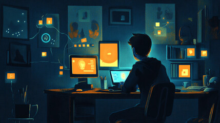 Poster - abstract technology internet of things (iot) concepts digital computing on dark blue color backgroun