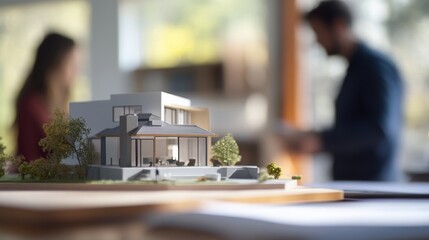 Aufkleber - A detailed architectural model of a modern house is shown in a real estate office. Two professionals are engaged in conversation, reviewing plans and discussing project details in a bright workspace.