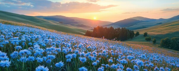Aufkleber - Blue wildflower idea. Breathtaking view of blue flowers in a serene landscape at sunset.