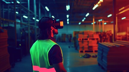 Poster - In a spacious warehouse, an individual wearing a virtual reality headset engages with a digital environment aimed at enhancing real estate planning and visualization.