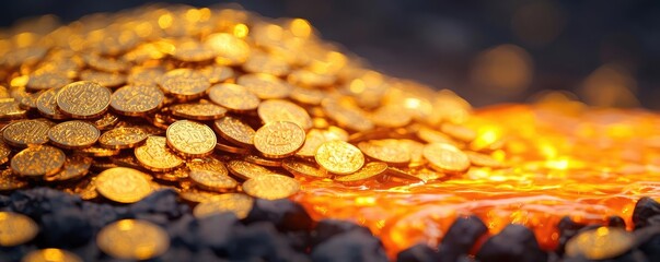 Aufkleber - Wealth gold concept. A close-up of shimmering gold coins resting on glowing molten lava.