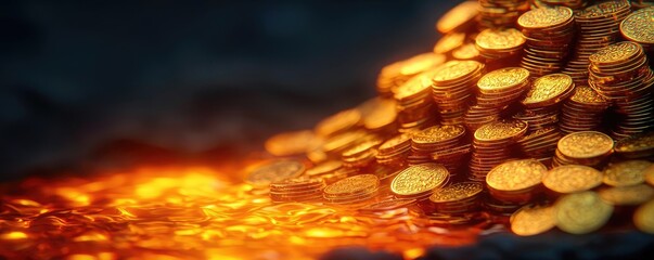 Aufkleber - Wealth gold concept. A striking image of coins flowing alongside lava, symbolizing wealth and risk.
