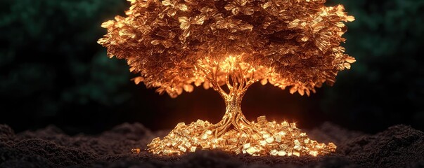 Poster - Wealth gold concept. A glowing tree symbolizing prosperity and wealth, creatively designed with golden leaves.