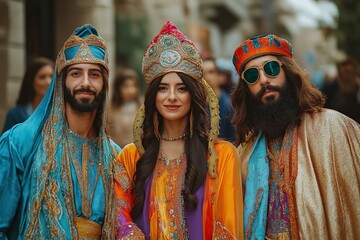 Group costume ideas for Purim carnivals featuring traditional attire and colorful garments