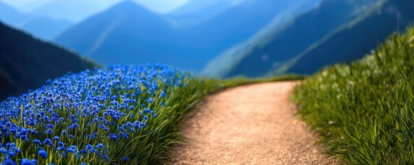 Poster - Blue wildflower idea. A serene mountain path bordered by vibrant blue flowers under sunny skies.