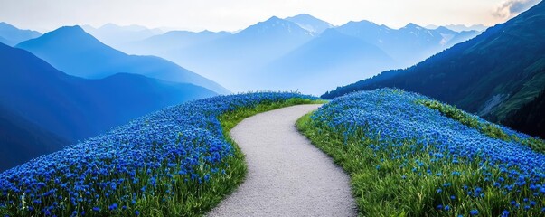 Poster - Blue wildflower idea. Serene pathway through vibrant blue flowers nestled among majestic mountains.