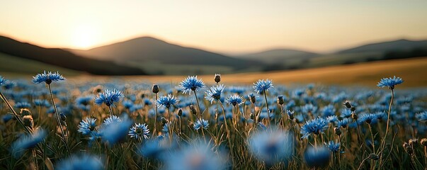 Poster - Blue wildflower idea. A serene landscape filled with vibrant blue flowers under a golden sunset glow.