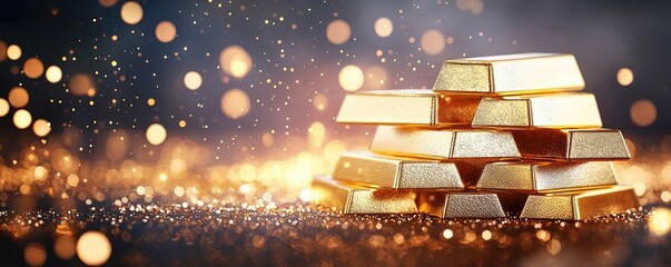 Poster - Wealth gold concept. A stack of gold bars shining in the light, symbolizing wealth and prosperity.
