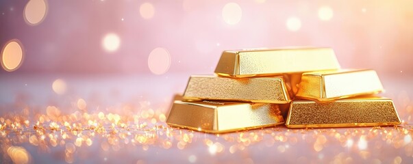 Poster - Wealth gold concept. Shiny gold bars stacked together, symbolizing wealth and luxury in a vibrant setting.