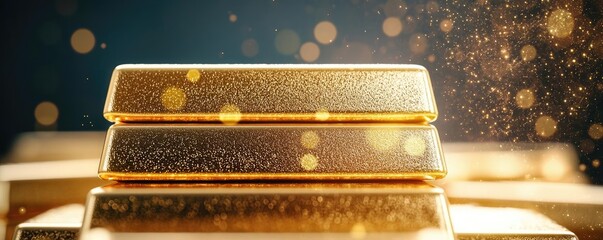 Aufkleber - Wealth gold concept. Close-up of shining gold bars with sparkling dust, symbolizing wealth and luxury.