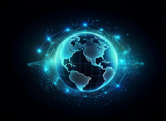 Poster - A translucent Earth globe is encircled by a vibrant, glowing network of interconnected nodes, suggesting global connectivity and digital technology.