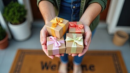 High resolution photo of hands holding a brown gift box with a ribbon