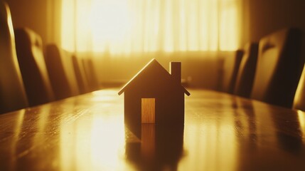 Poster - A wooden house model is centered on a polished table in a bright conference room. Sunlight streams through the window, illuminating a gathering space focused on real estate discussions.
