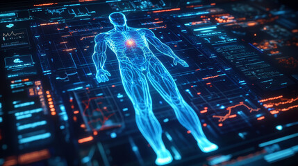 Poster - abstract technology concept human body digital health care ; hud interface of health analysis and scan body to verify identity future design on hi tech background