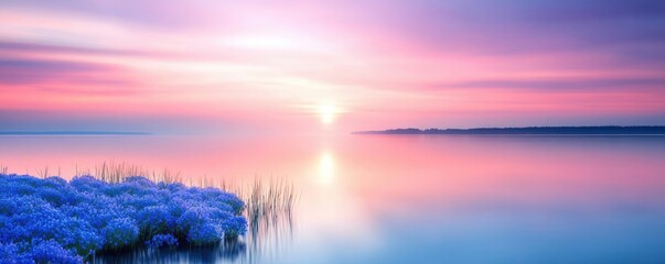 Poster - Blue wildflower idea. A serene sunset over a tranquil lake with vibrant purple flowers in the foreground.