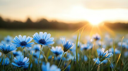 Poster - Blue wildflower idea. Vibrant blue flowers bloom in a sunlit field, showcasing nature's beauty at dawn.
