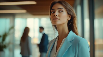 Aufkleber - In a sleek office environment, a confident woman in a light blue suit stands poised, engaging in a conversation about real estate with colleagues in the background.