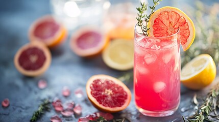 Poster - Refreshing pink grapefruit cocktail decorated with thyme and ice cubes
