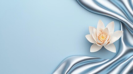 Poster - Lotus floral abstract background idea. Beautiful white lotus flower with elegant satin fabric on a soft blue background.