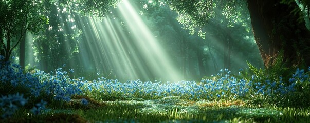 Poster - Blue wildflower idea. A serene forest scene with dappled sunlight illuminating a carpet of blue flowers.