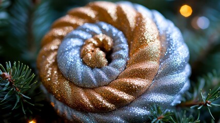 Wall Mural - A sparkling spiral ornament in gold and silver rests on evergreen branches, adding a festive touch to holiday decorations.