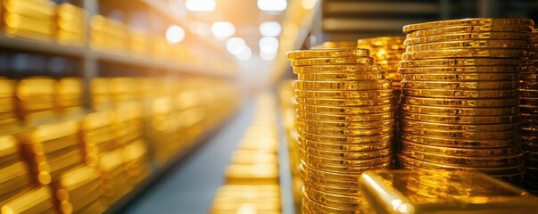 Poster - Wealth gold concept. Stacks of gold bars illuminated in a secure storage facility showcasing wealth and investment.