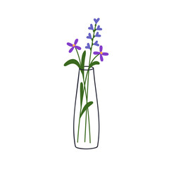 Poster - Field flowers in vase. Floral blossoms, meadow blooms. Simple wildflowers, gentle delicate wild plant sprigs. Natural summer decoration. Flat vector illustration isolated on white background
