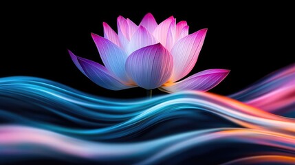 Poster - Lotus floral abstract background idea. A vibrant lotus flower amidst flowing colorful waves, symbolizing beauty and tranquility.