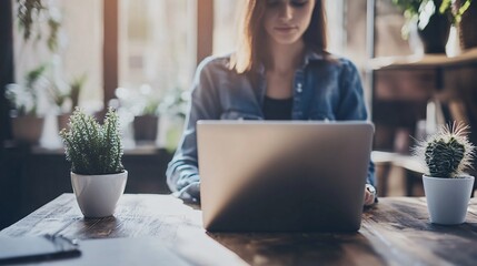 Poster - Freelancer working on laptop in cozy home office with plants