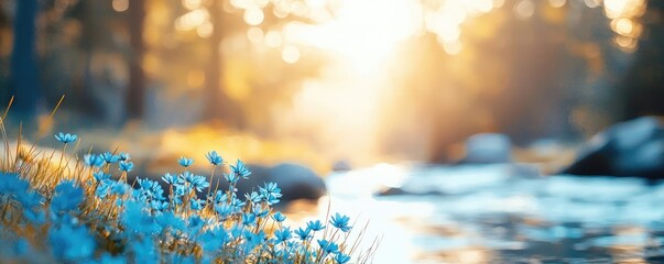 Poster - Blue wildflower idea. A serene landscape featuring gentle sunlight and vibrant wildflowers by a peaceful stream.