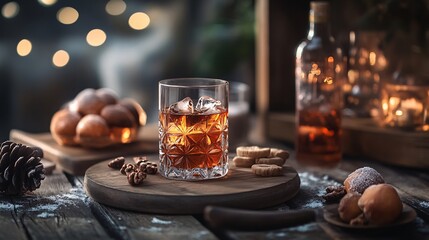 Poster - Crystal glass of whiskey with ice cubes, cookies and walnuts on wooden table for christmas celebration