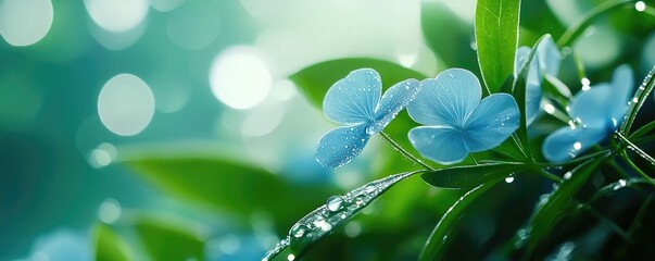 Poster - Blue wildflower idea. Delicate blue flowers adorned with dew drops, capturing nature's serene beauty.